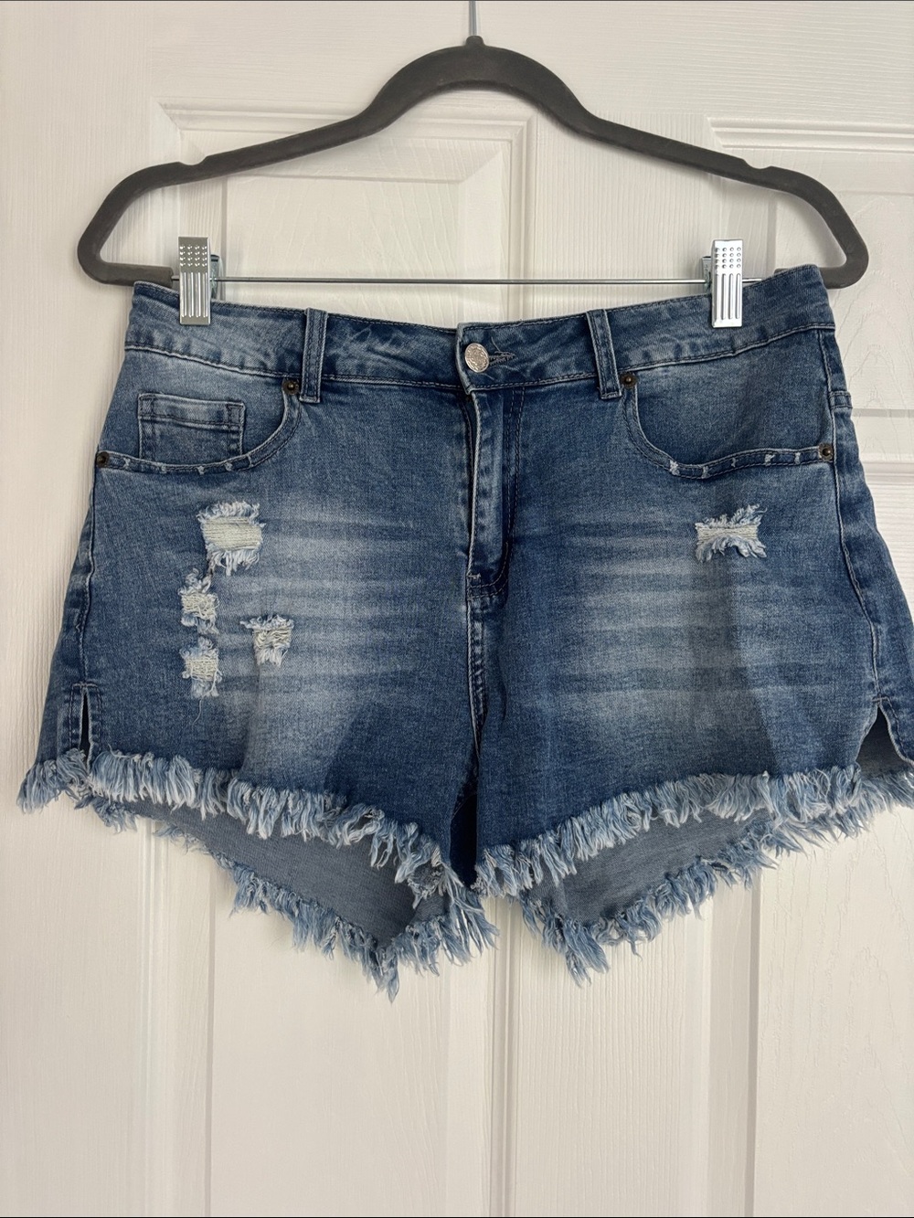 Distressed Blue Denim Frayed Hem Women's Shorts